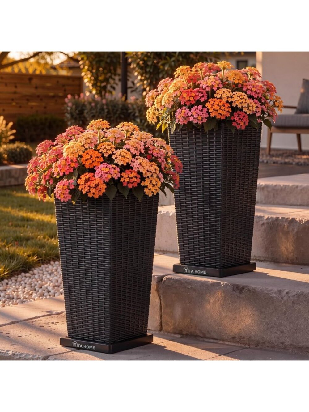 Set of 2 Tall Outdoor Planters 24” with Detachable Inner Pots for Garden Decor